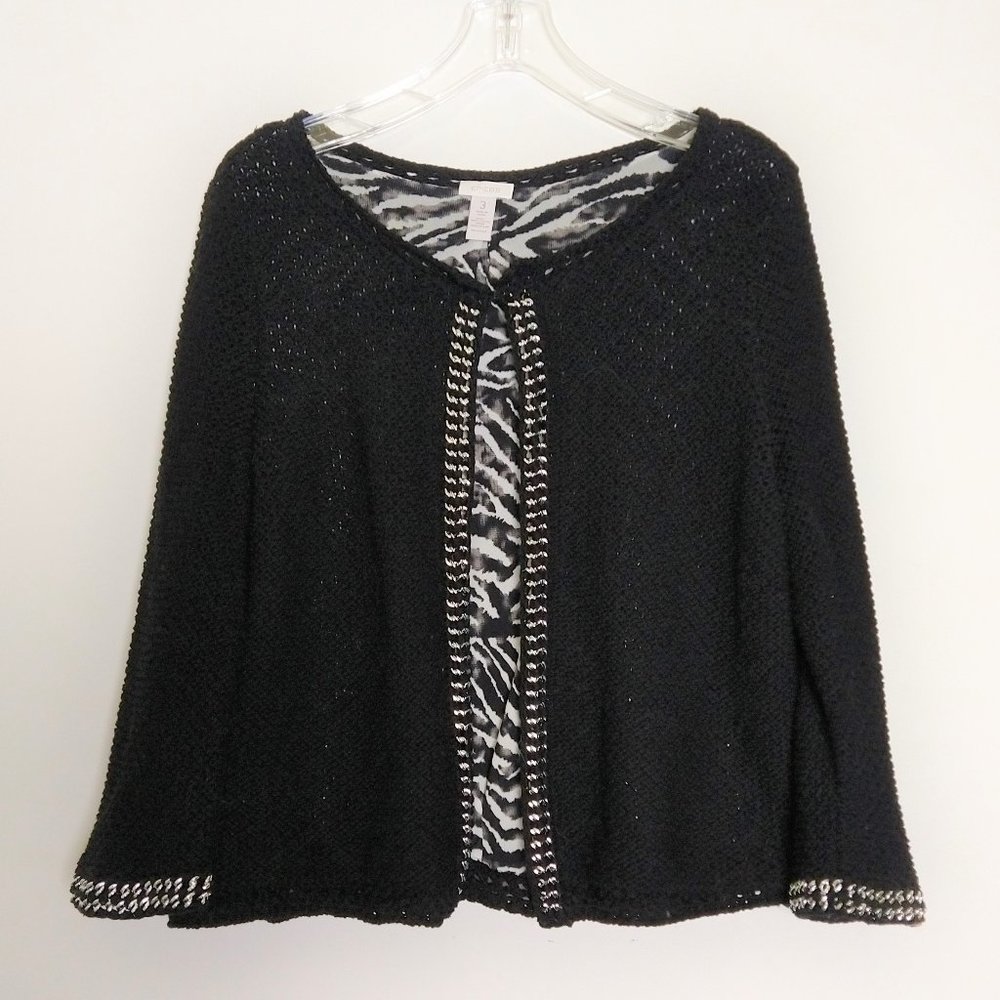 Chico's black zebra animal liner Sweater Cardigan w/ Silver Metal. Size 3 xl